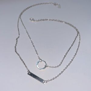 Layered Silver Necklace w/ Circle and Bar Charm
